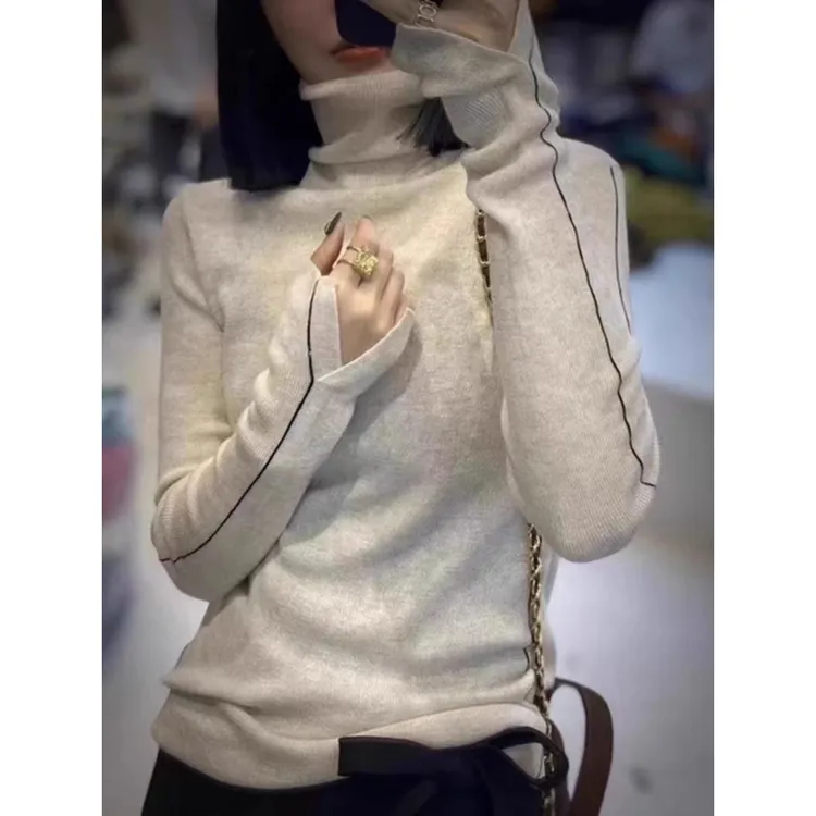 洋气白色堆堆领针织衫女秋冬新款高领羊毛内搭打底毛衣设计感上衣