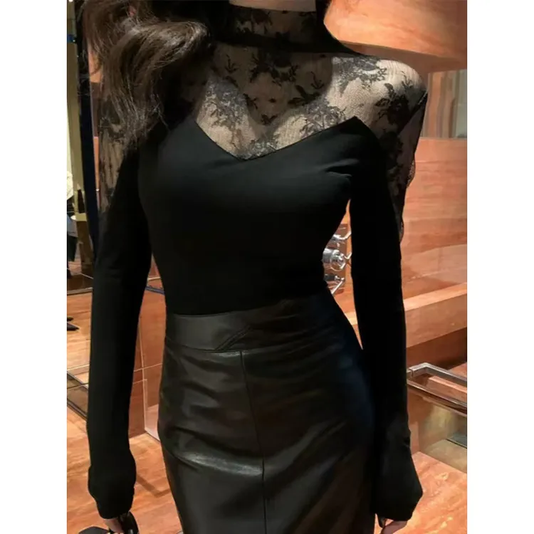 半高领蕾丝打底衫女内搭洋气2024年法式掐腰百搭遮肚子精致上衣