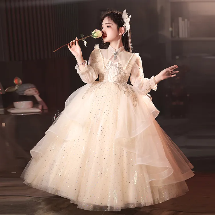 女童生日礼服裙春夏新款长袖轻奢高级礼服裙主持人钢琴表演演出服