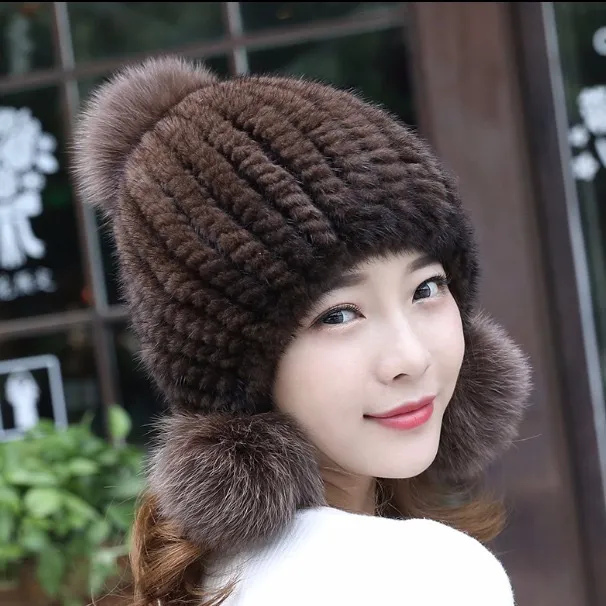 新款水貂毛皮草帽子女士冬季加厚保暖护耳狐狸球貂皮编织帽子女款