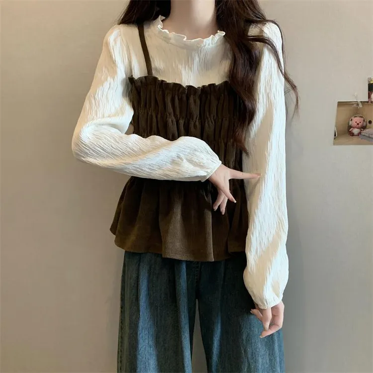 大码女装遮肚子灯芯绒假两件小众衬衫女春秋胖妹妹显瘦荷叶边上衣