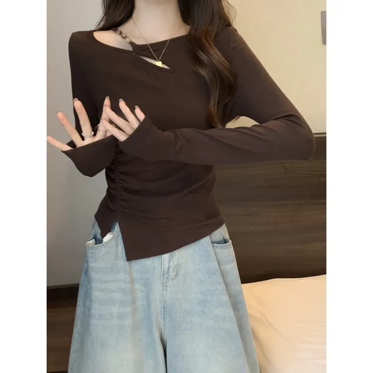 不规则长袖T恤打底衫女春秋大码微胖mm显瘦美拉德设计感镂空上衣