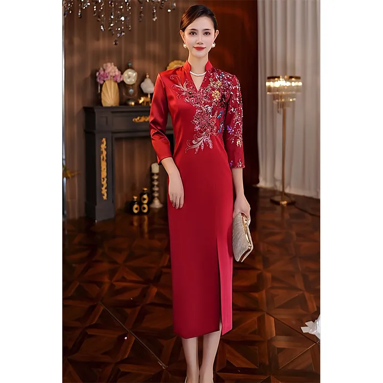 礼服中长款设计师小众轻奢高贵婚宴婚礼妈妈生日宴会酒红色连衣裙