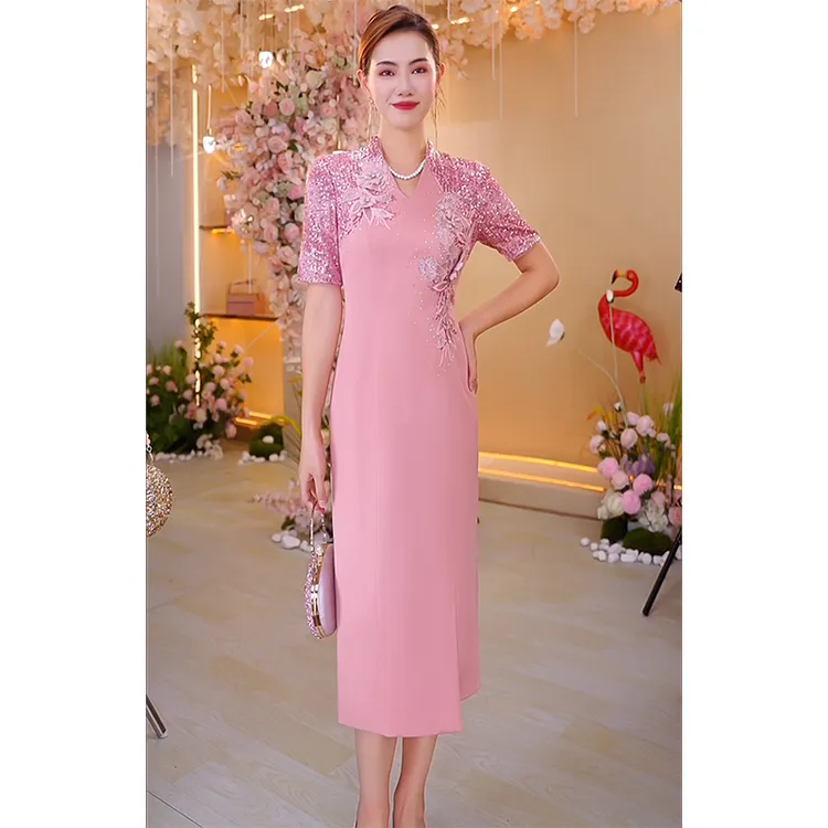 礼服平时可穿时尚气质高贵优雅生日宴会V领婚礼喜婆婆妈妈连衣裙