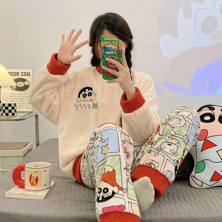 珊瑚绒睡衣女秋冬季卡通甜美可爱法兰绒长袖长裤家居服套装可外穿