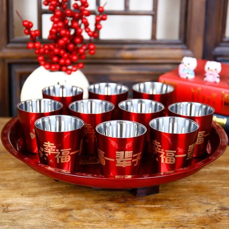 304不锈钢双层隔热水杯结婚红色敬茶杯中式改口杯结婚礼物伴手礼