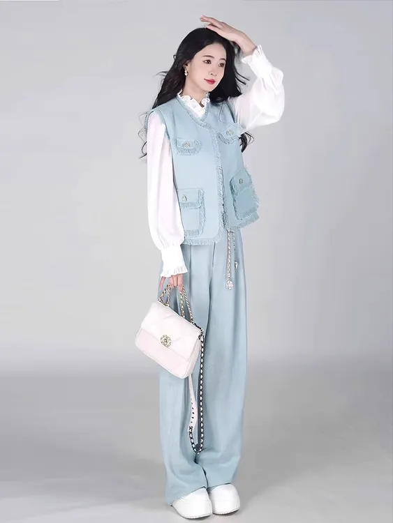 小香风时尚套装女2024秋季新款宽松显瘦蓝色马甲小衫阔腿裤三件套