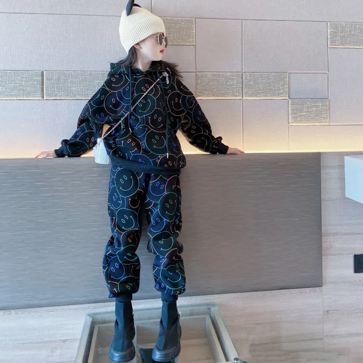 儿童休闲加绒套装2025秋冬装新款潮流女大童炸街运动加厚卫衣裤子