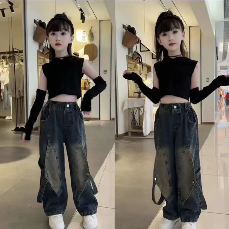 女童裤子春秋2025新款中大童时尚长袖宽松设计感双腰带牛仔裤炸街