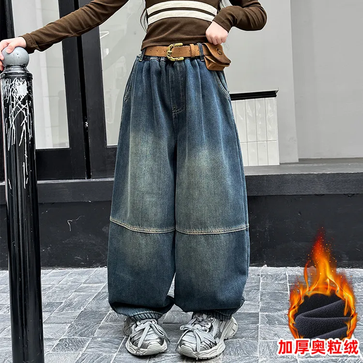 女童加绒裤子2025冬季新款儿童一体绒加厚牛仔裤女大童长裤灯笼裤