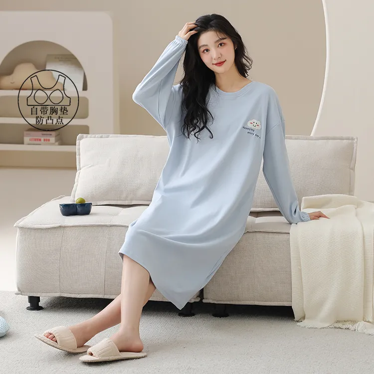 春秋款睡裙纯棉带胸垫长袖连衣裙中长款全棉女款睡衣家居服休闲风