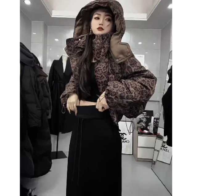 2024冬季新款时尚女装网红高级感韩版潮流豹纹棉服外套裙子M
