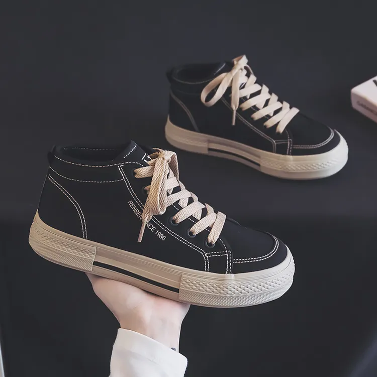 人本加绒帆布鞋女冬季新款中帮ins厚底潮鞋休闲运动学生保暖棉鞋