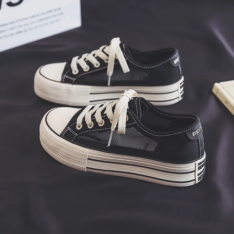 人本网面帆布鞋女2024夏季薄款黑色ins厚底低帮休闲透气镂空板鞋