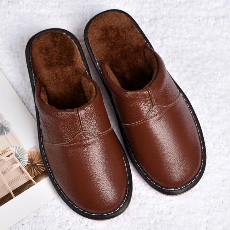 头层牛皮真皮居家拖鞋男女情侣室内家用木地板加绒保暖棉拖鞋冬季