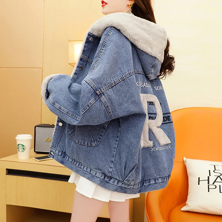 牛仔外套加绒加厚洋气宽松韩版秋冬大码棉衣棉服33971