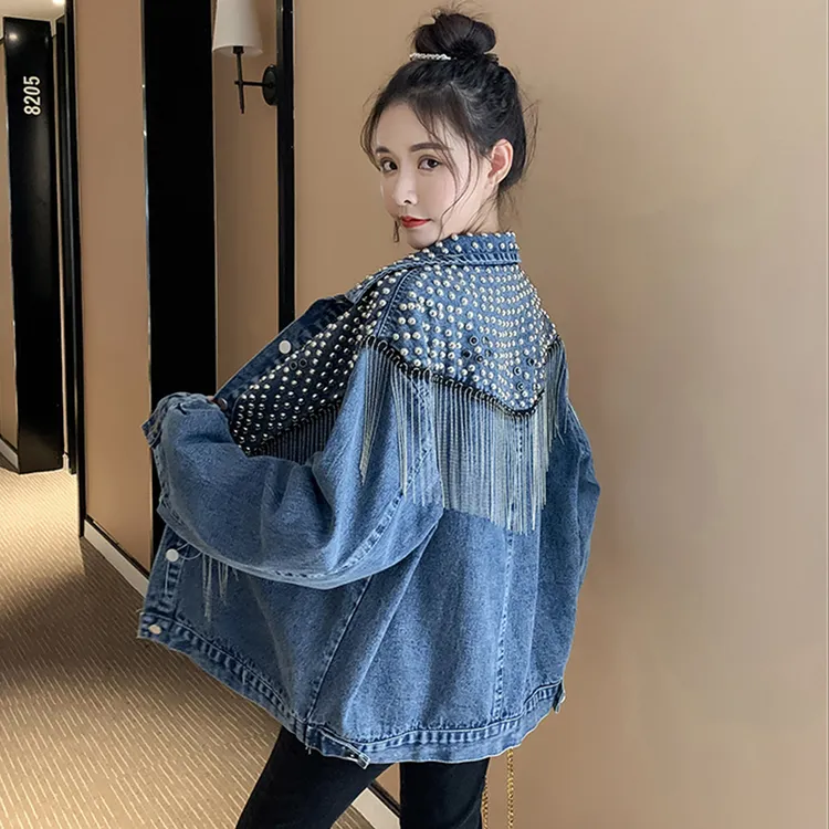 重工钉珠流苏牛仔外套春秋洋气短款时尚百搭宽松韩版流苏牛仔衣服
