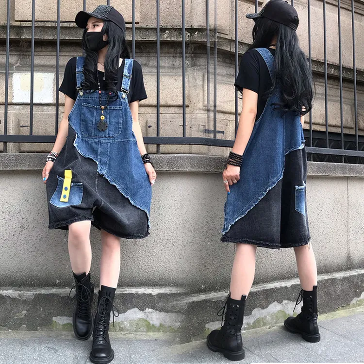 牛仔背带裤女大码显瘦小个子夏季宽松高腰减龄吊带五分阔腿牛仔裤