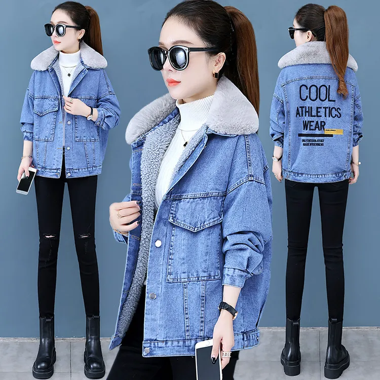 加绒加厚牛仔棉衣棉服毛领时尚百搭冬季大码韩版牛仔外套短款棉服