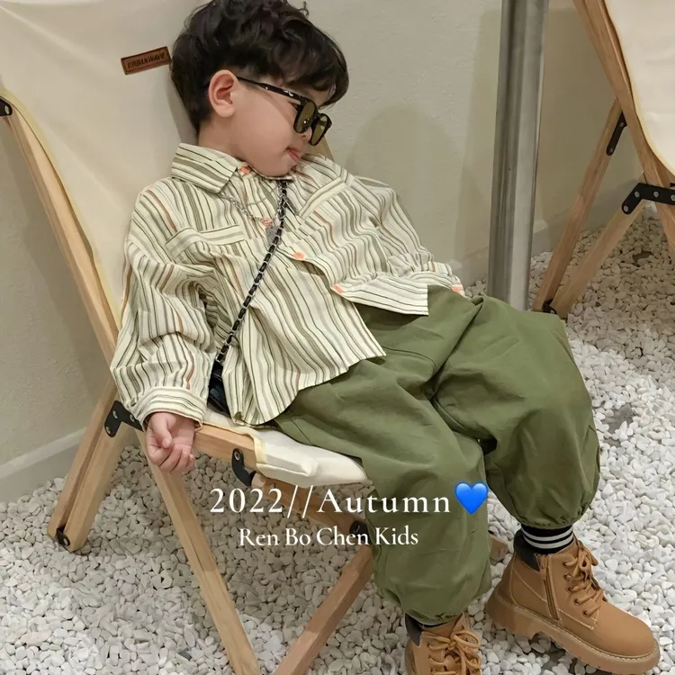 男童套装2024春秋新款帅气时尚条纹衬衫上衣工装裤儿童宝宝两件套