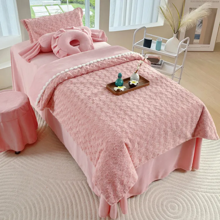 秋冬新款美容床罩四件套加厚加绒玫瑰轻奢美容院按摩理疗专用床罩