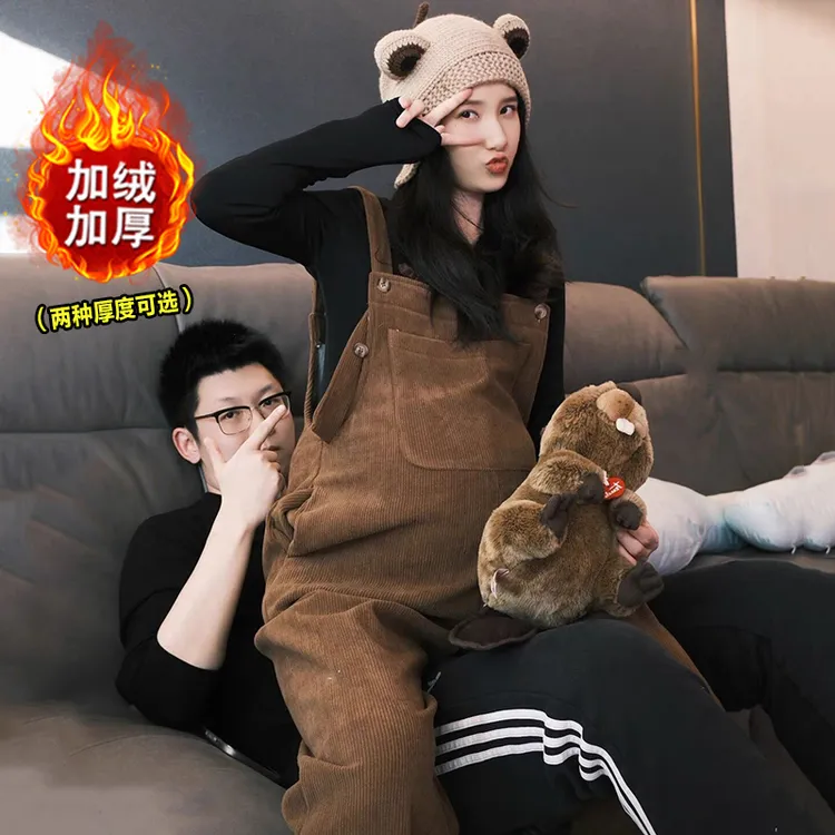 新款孕妇背带裤秋冬直筒宽松大码时尚韩版灯芯绒长裤保暖加绒加厚