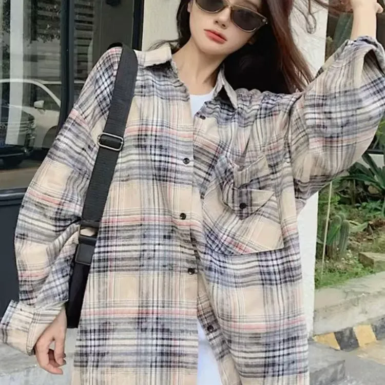 衬衫女复古气质小众潮流磨毛休闲时尚百搭潮流韩版春秋季格纹衬衣