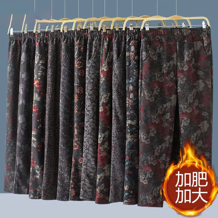 老年人秋冬加绒宽松大码妈妈裤子高腰春秋奶奶花裤子外穿太太松紧