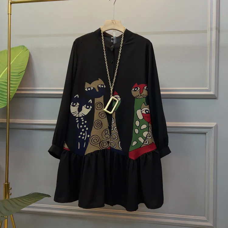 春季新款大码女装荷叶边娃娃款宽松连衣裙衬衫裙