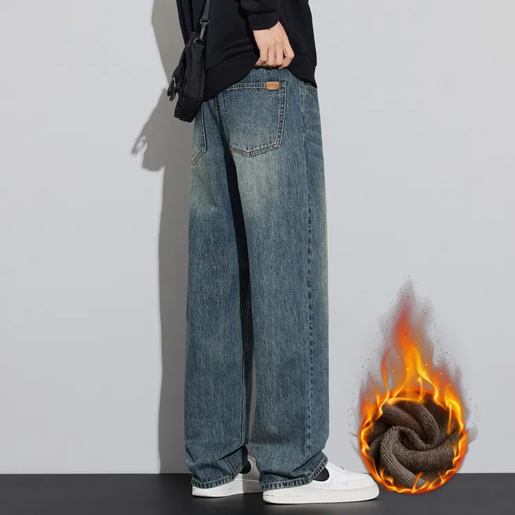 2024秋冬加绒男士直筒裤美式潮牌宽松休闲牛仔直筒裤男