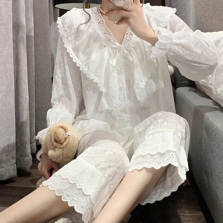 金丝绒睡衣女春秋款长袖长裤套装新款蕾丝白色秋冬季金钻绒家居服