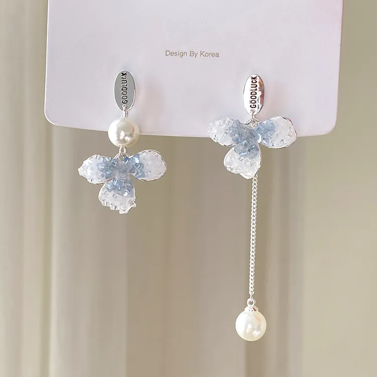 锌合金耳饰 蓝色花朵耳环不对称设计感新中式国风耳坠流苏长款
