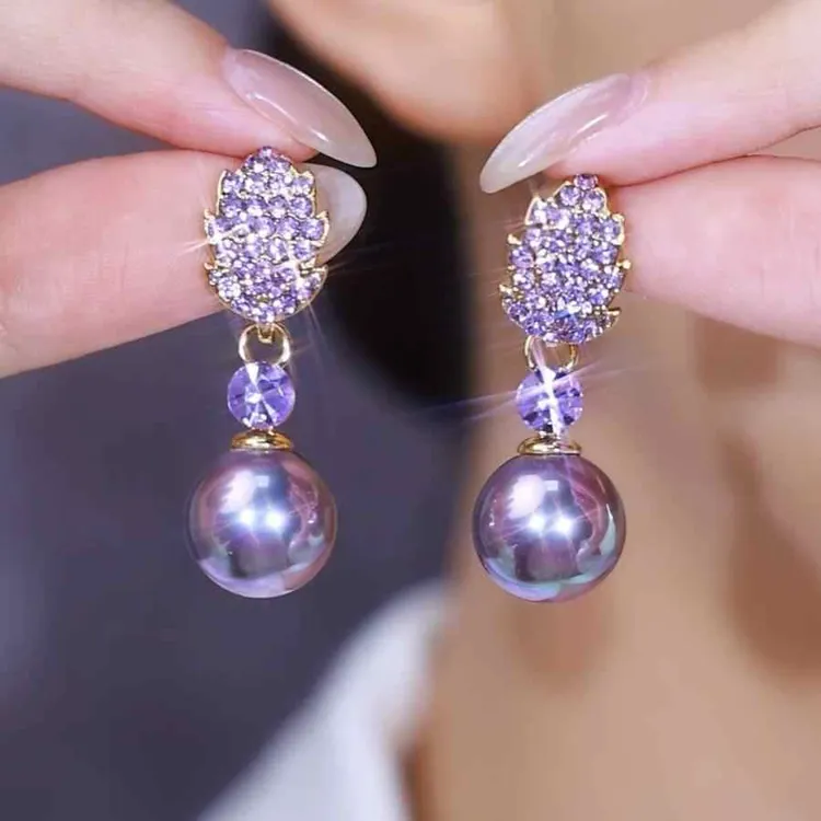 锌合金耳饰 紫气东来镶钻树叶紫珠耳钉时尚气质流行耳坠小众耳饰