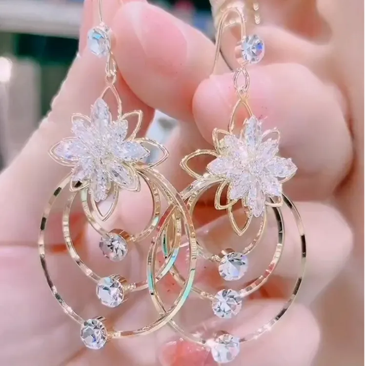 合金锆石耳饰 水晶莲花三圆圈耳环大气网红高端设计感气质耳饰
