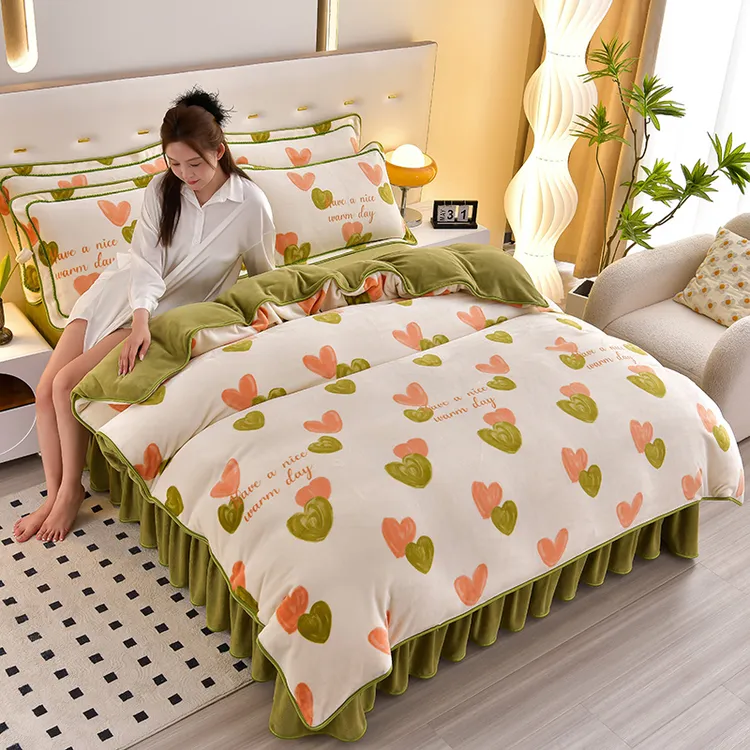 冬季保暖加厚牛奶绒套件床单被套印花小清新公主风被罩韩版单人