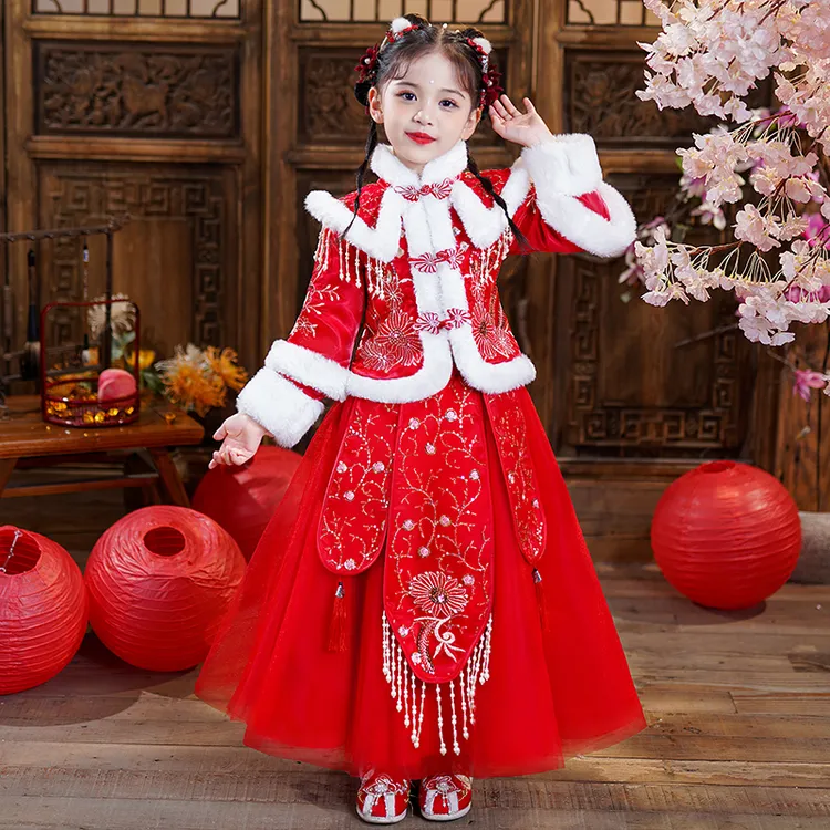 女童汉服加绒保暖衣服儿童装旗袍冬唐装古风女宝宝连衣裙子99170