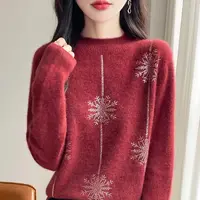 【100%羊毛】2025秋冬新款羊毛衫雪花烫钻针织衫女半高纯色百搭