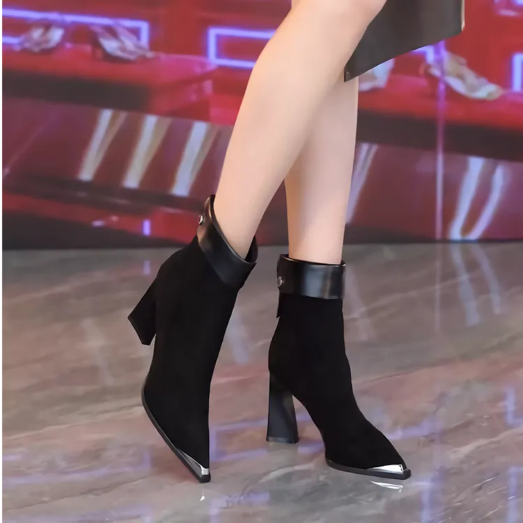 欧美红色短靴女马丁靴高跟鞋秋冬新款小个子气质尖头高跟短靴