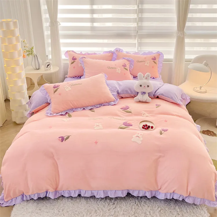 韩版加厚牛奶绒公主风双面四件套韩版毛巾绣4件套床笠款加绒被套