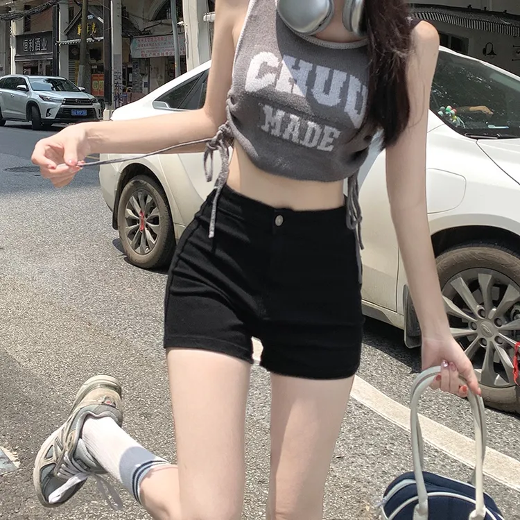 黑色短裤紧身高腰弹力美式女团小个子辣妹包臀a字牛仔裤超短热裤