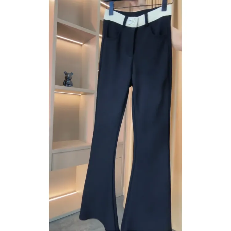 景倩妮今年流行拼接休闲裤2025年春季新款加绒梨形高腰显瘦微喇裤