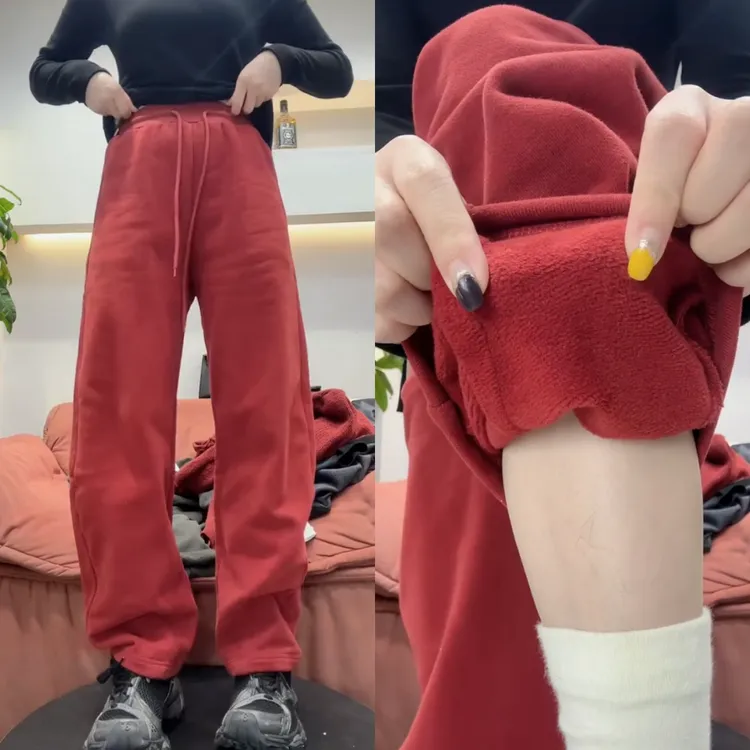 景倩妮红色高级感百搭休闲裤2025秋冬新款加绒高腰显瘦宽松弯刀裤