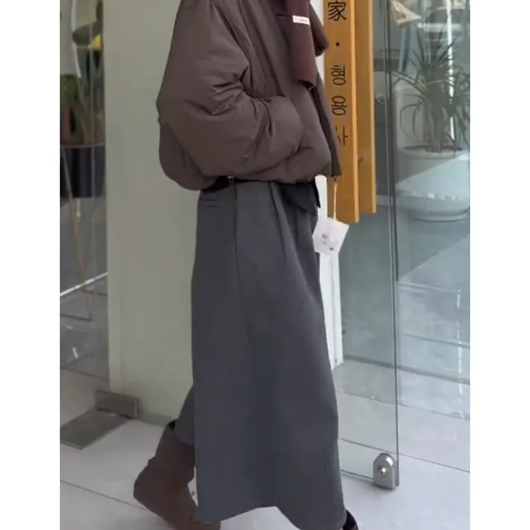 景倩妮灰色百搭休闲毛呢裤2025年春季厚款高腰显瘦宽松九分阔腿裤