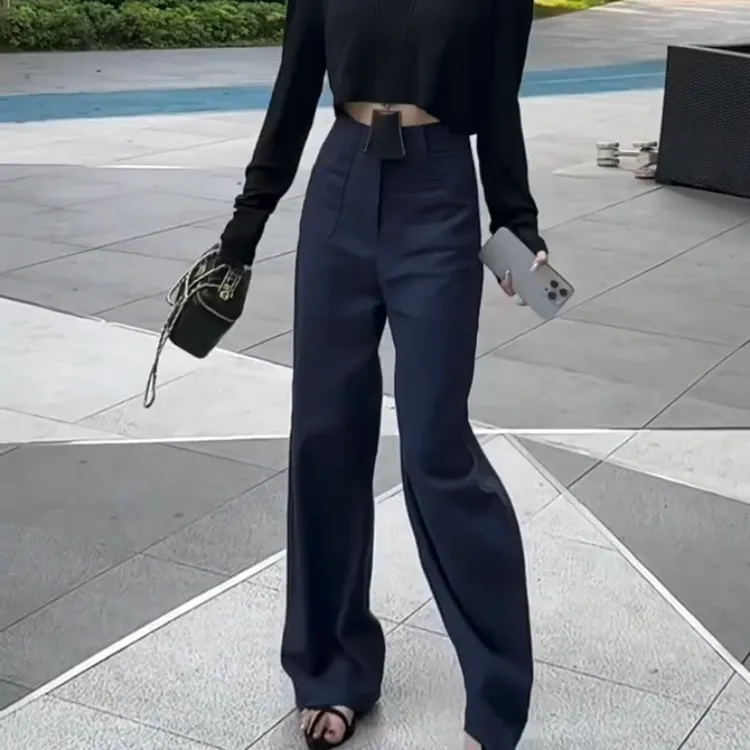 景倩妮藏青色阔腿休闲裤女2025年夏季薄款阔腿裤宽松显瘦直筒长裤