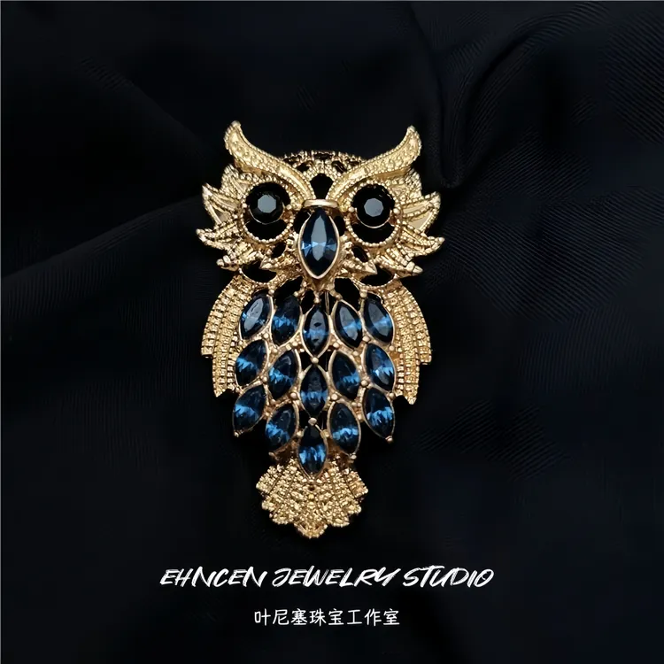 合金仿水晶胸针 中古Vintage重工优雅猫头鹰胸针手工
