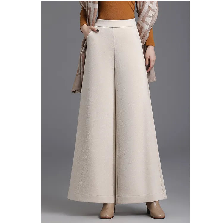 秋冬毛呢阔腿裤时尚休闲裤阔腿裤松紧腰毛呢长裤百搭风九分垂感