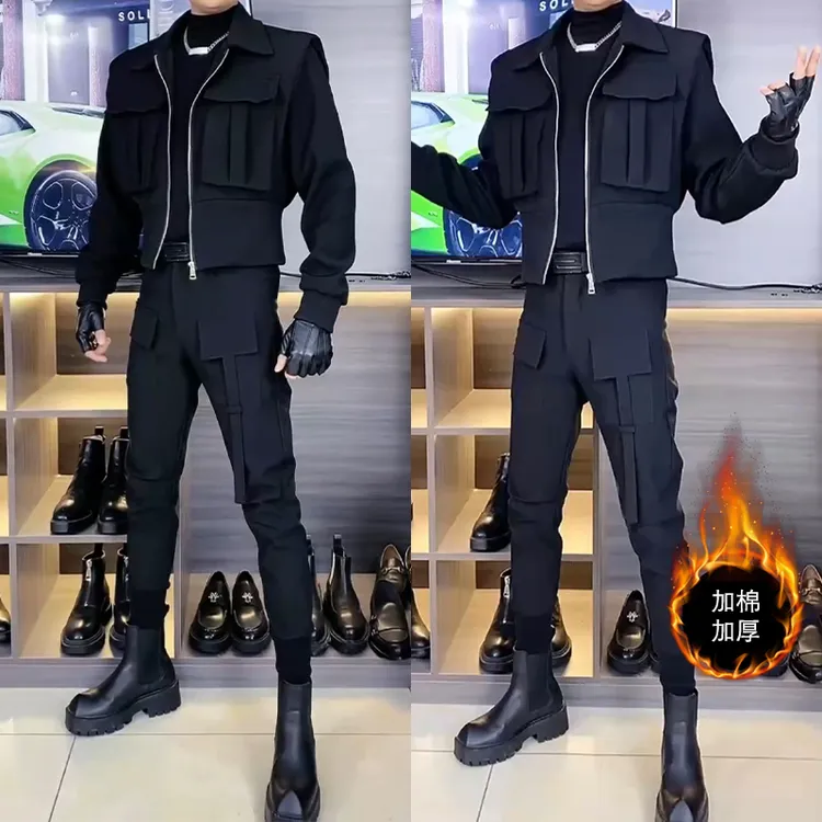 网红同款男士夹克修身加厚男外套廓形翻领休闲上衣短款一整套潮流