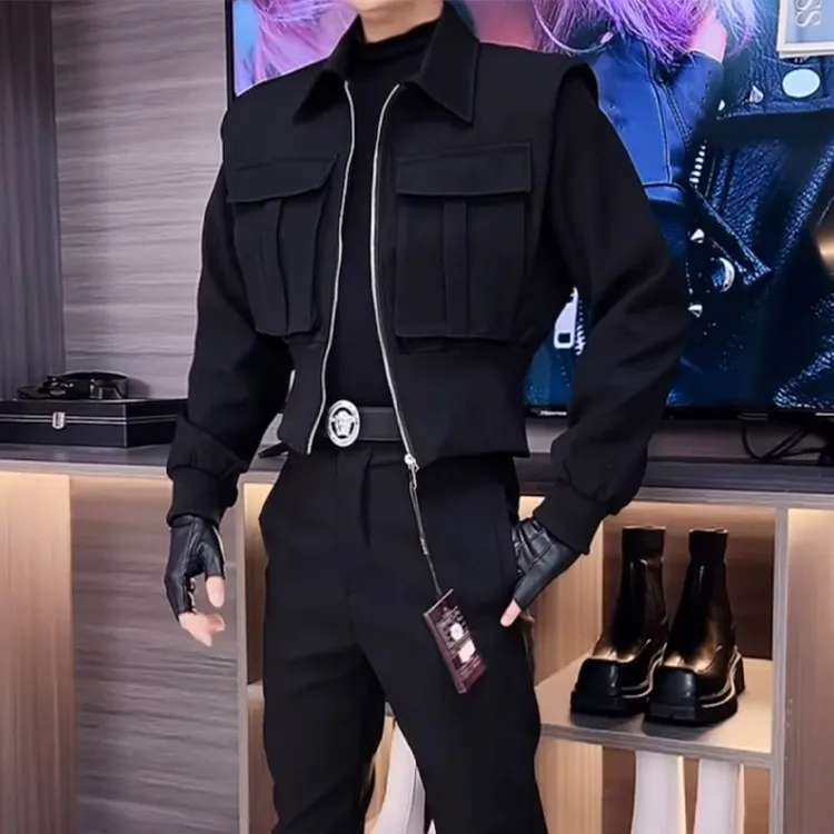 潮男穿搭套装工装廓形夹克春秋男士两件套无帽翻领发型师短款上衣