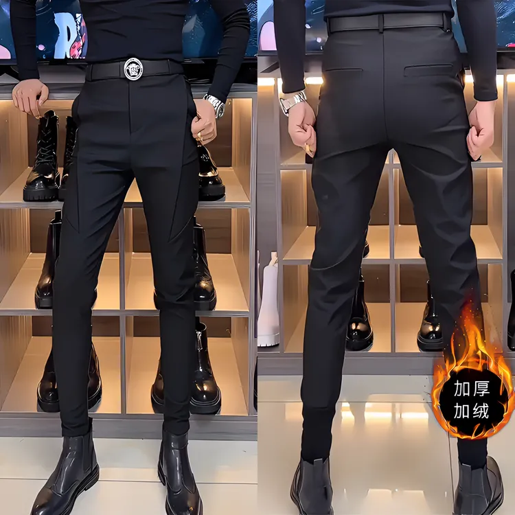 秋冬男士束脚裤潮流马丁靴冬季西裤加绒韩版小脚裤锥形黑色休闲裤