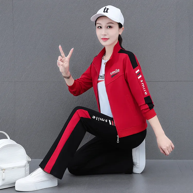 高档休闲运动套装女士春秋新款时尚宽松显瘦大码时髦喇叭裤三件套